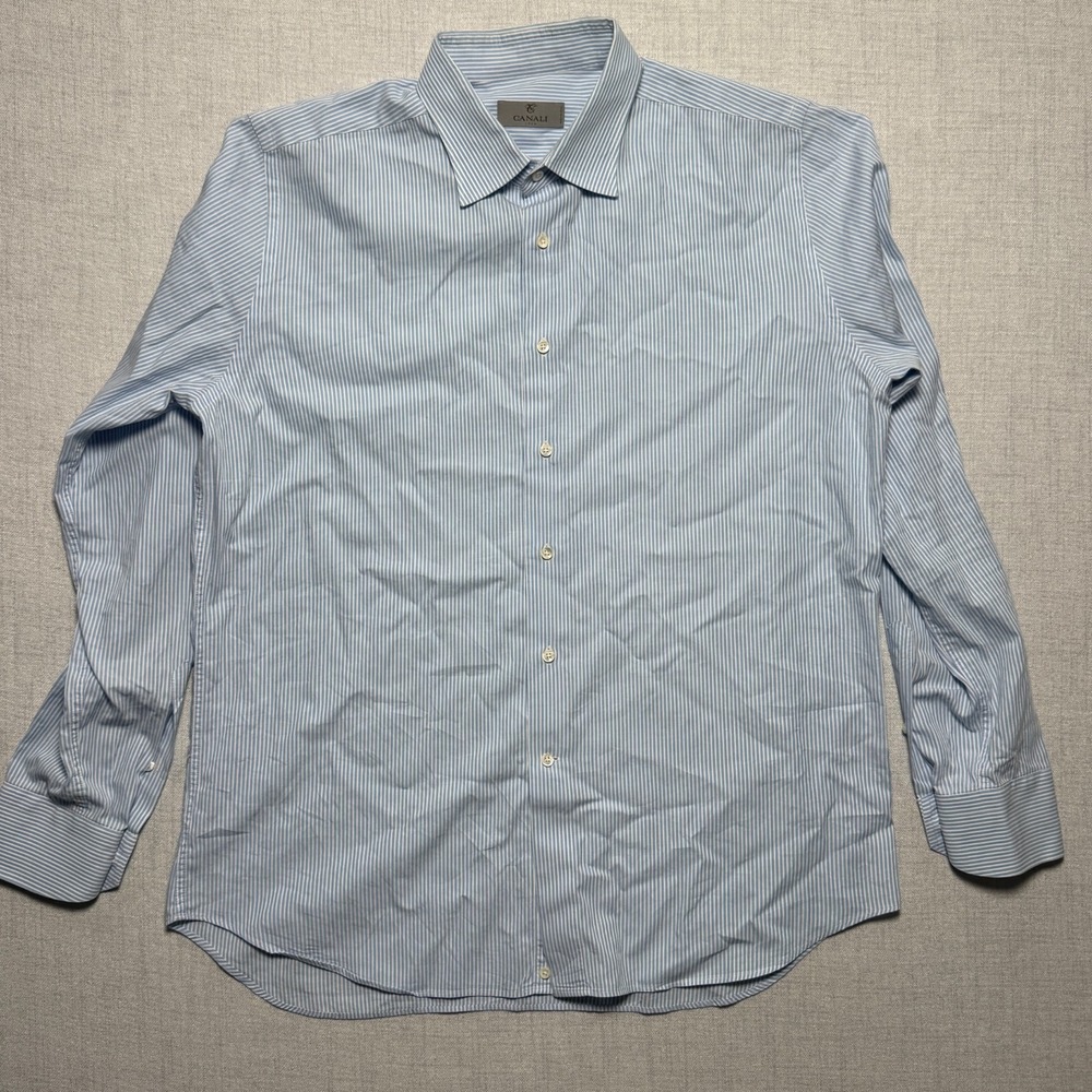 Canali Button Front Dress Shirt Blue Striped Cotton Office Casual Size 43-17